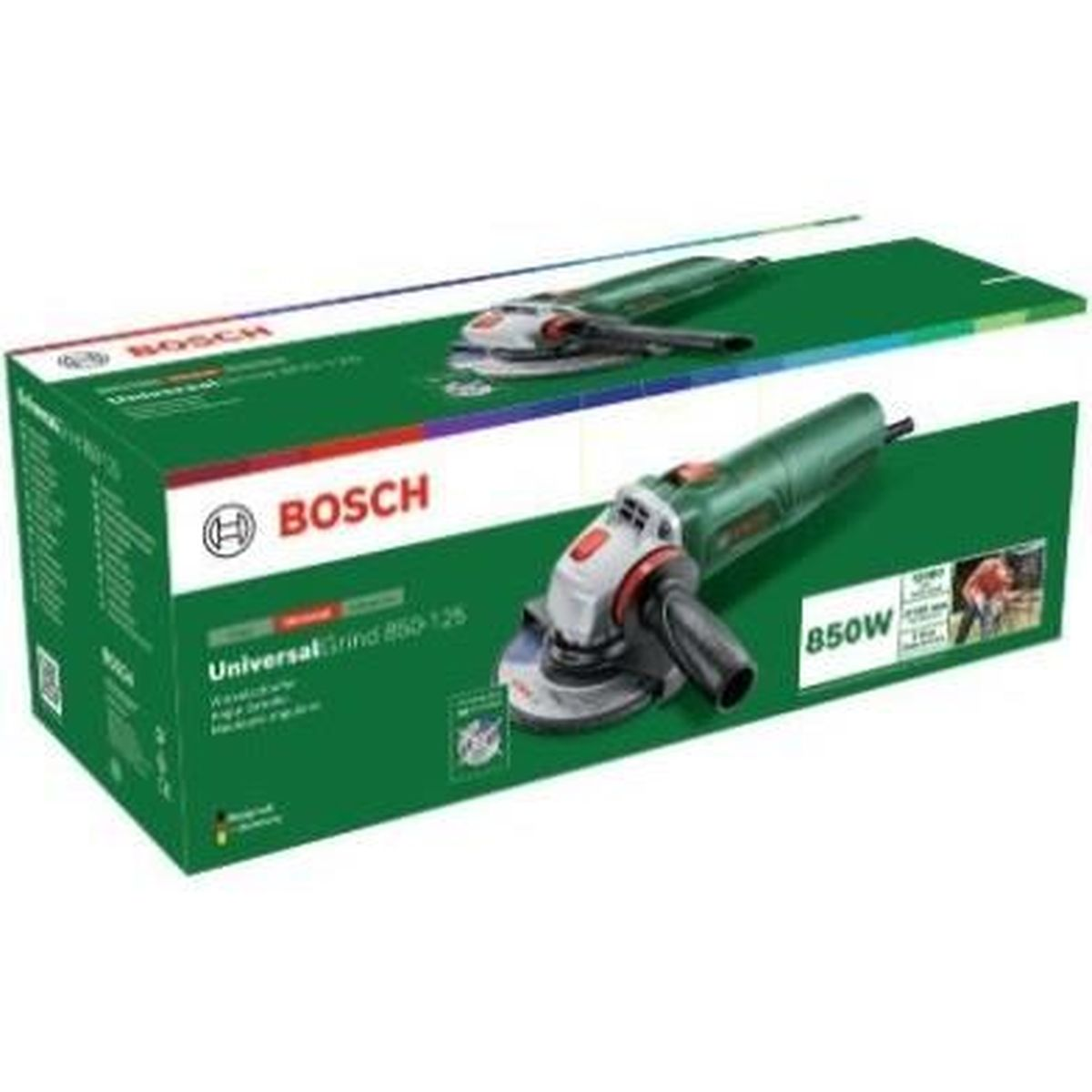 Groene Bosch haakse slijper op groene doos met gereedschapsdetails en 850W vermogen.