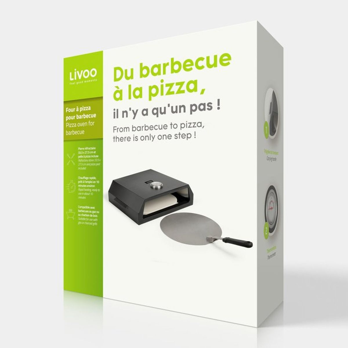 Verpackung eines Pizzaofens für den Grill, mit Pizza und Pizzaschaufel.