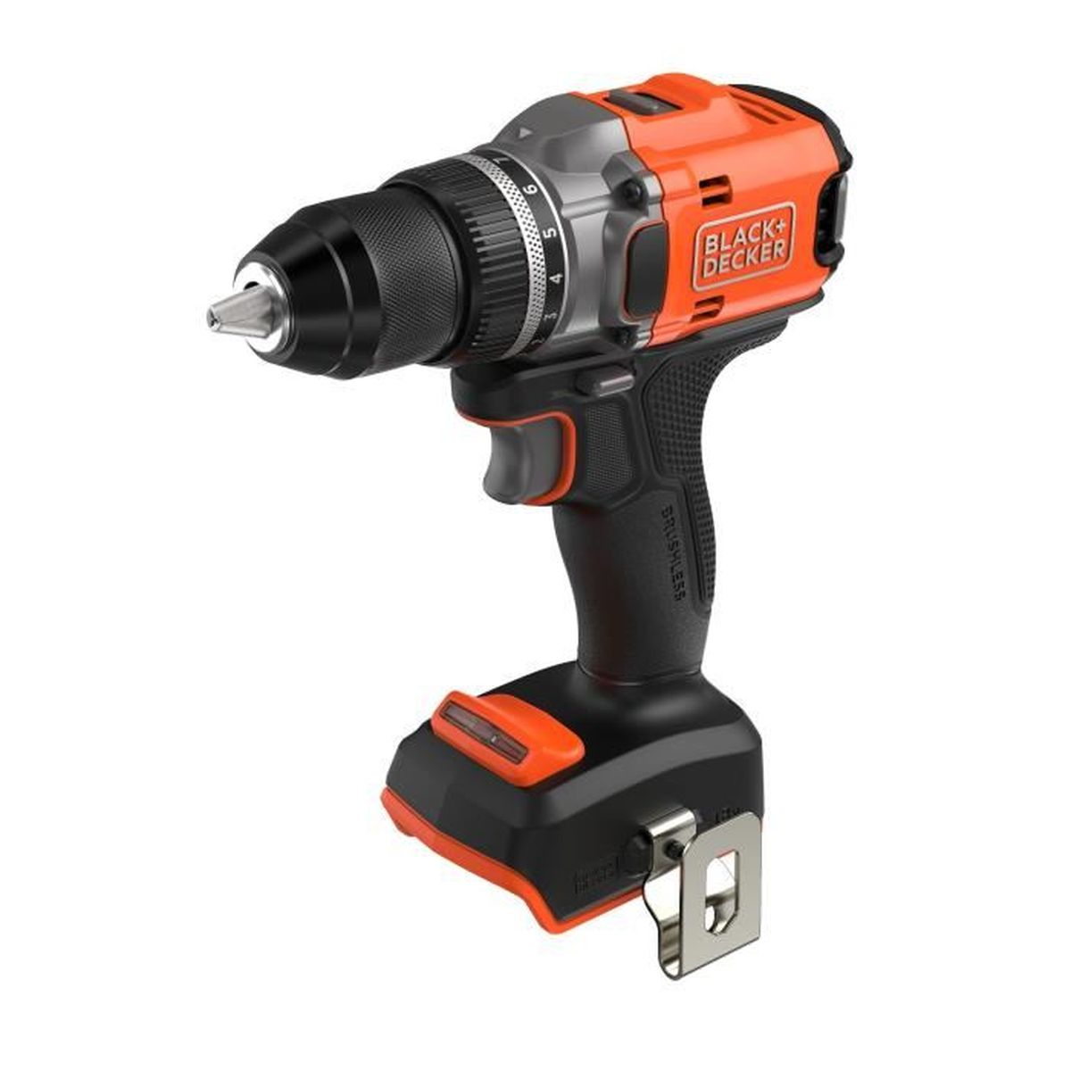 Ein Akku-Bohrschrauber von Black+Decker mit orange-schwarzen Akzenten, Gürtelclip.