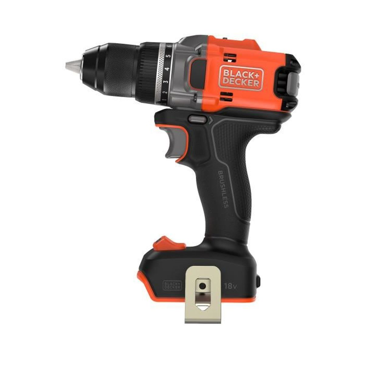 Akkuschrauber von Black and Decker mit orangen Akzenten und einem Metall-Gürtelclip.