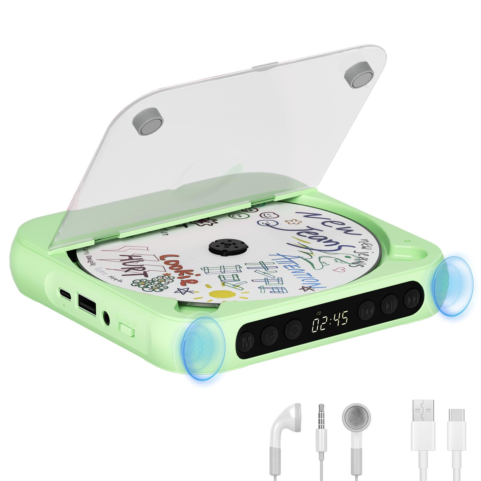 Grüner tragbarer CD-Player mit aufklappbarem Deckel, CD mit Aufdruck, Bedienelementen und Zubehör.