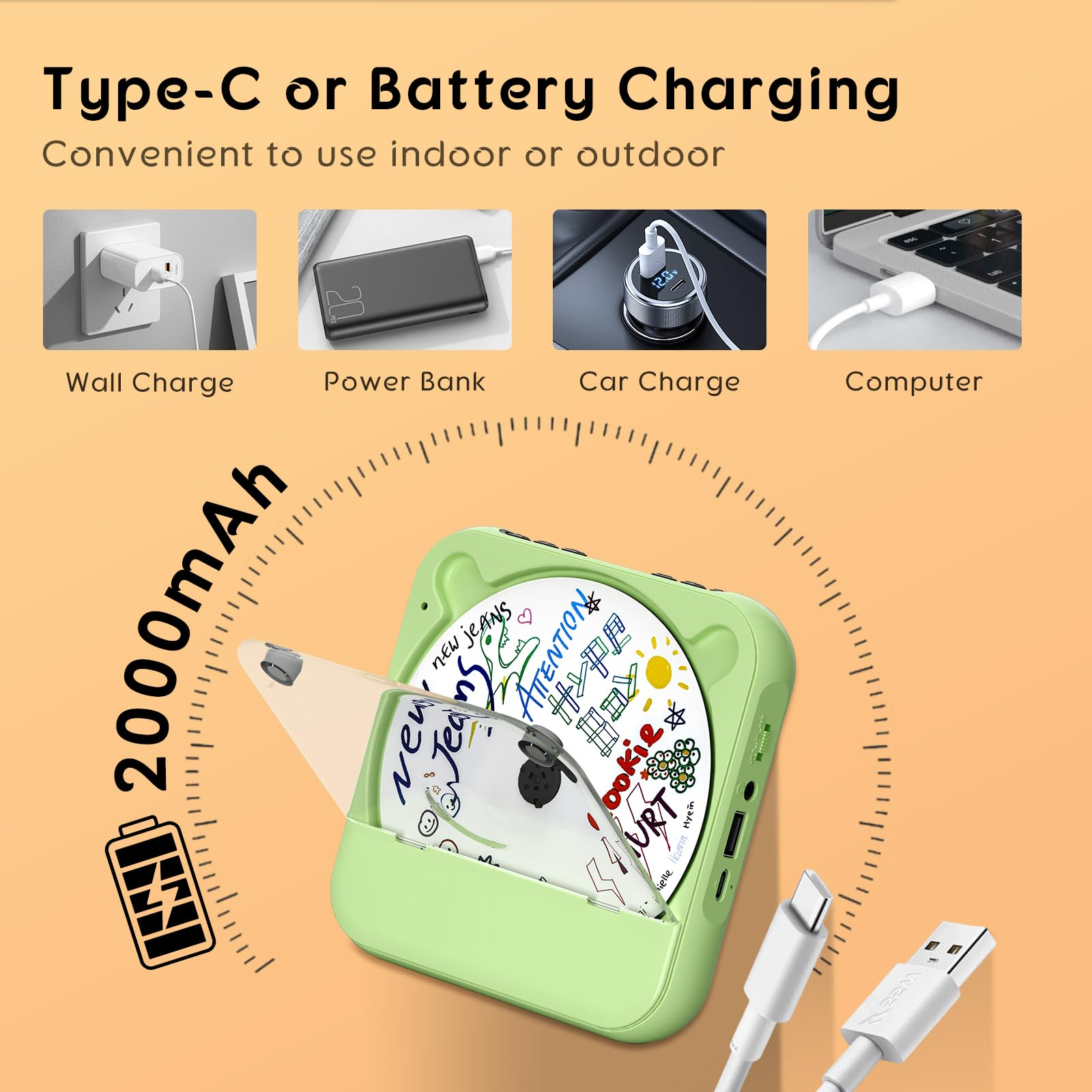 Grünes tragbares Ladegerät mit CD, Batteriesymbol und Ladekabeln.