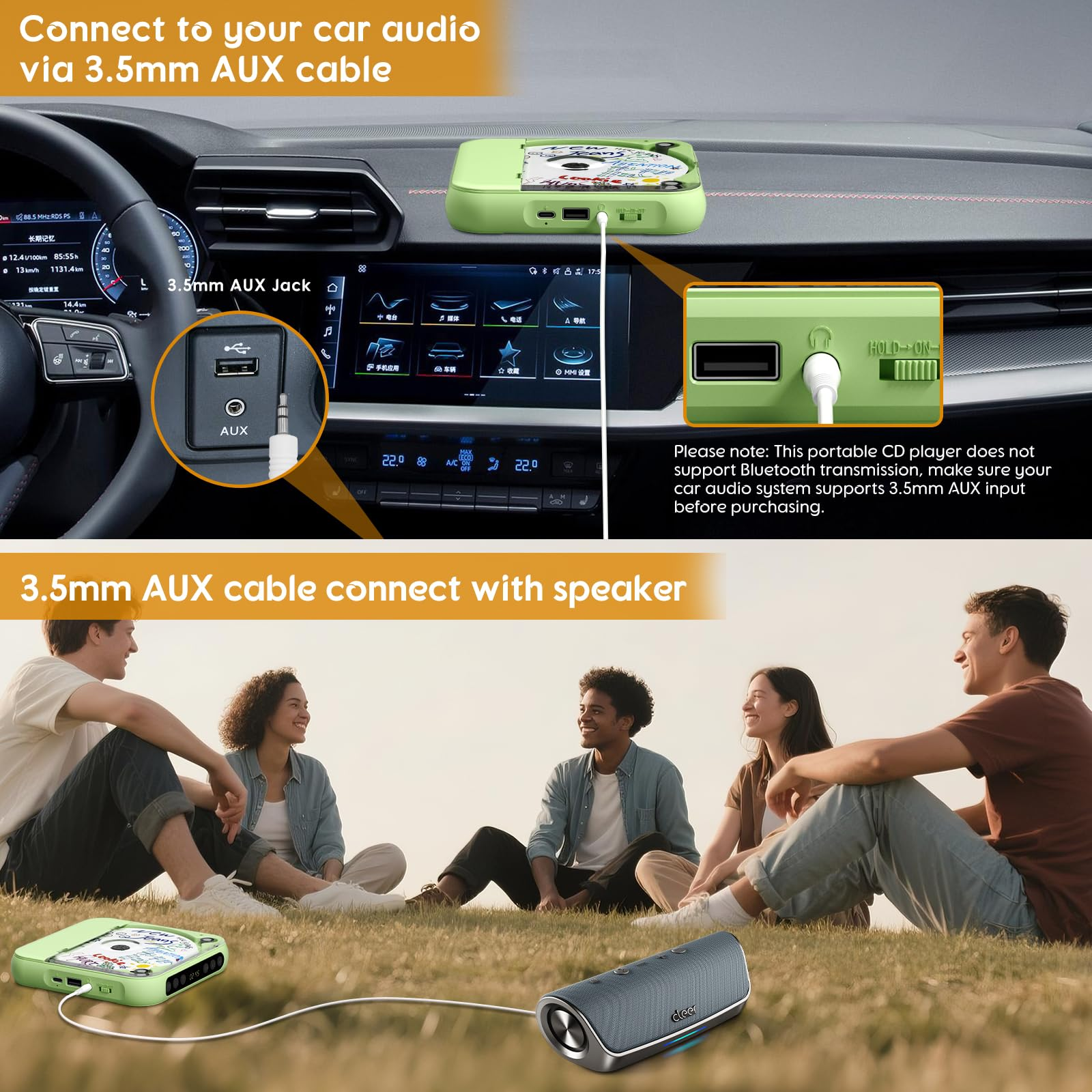 Ein grüner CD-Player wird über ein AUX-Kabel mit einem Auto-Audiosystem und einem Lautsprecher verbunden.