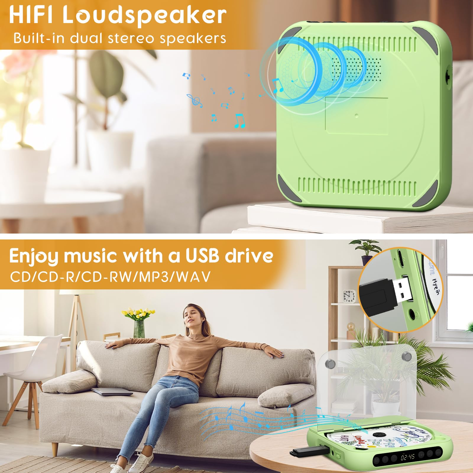 Ein hellgrünes HIFI-Soundsystem mit Lautsprechern und USB-Anschluss.