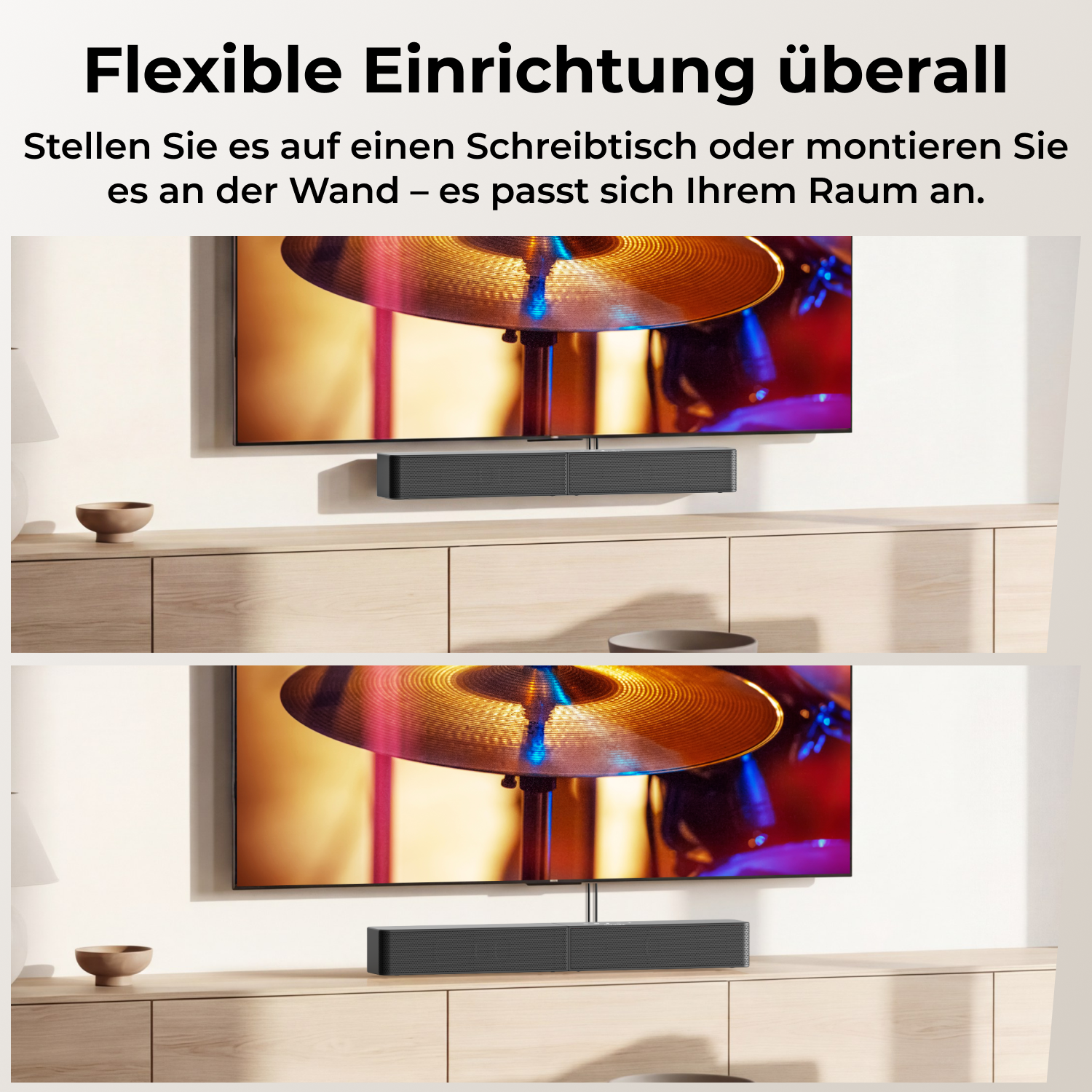 Ein Flachbildfernseher mit Soundbar, auf einem Schrank stehend und an der Wand montiert.