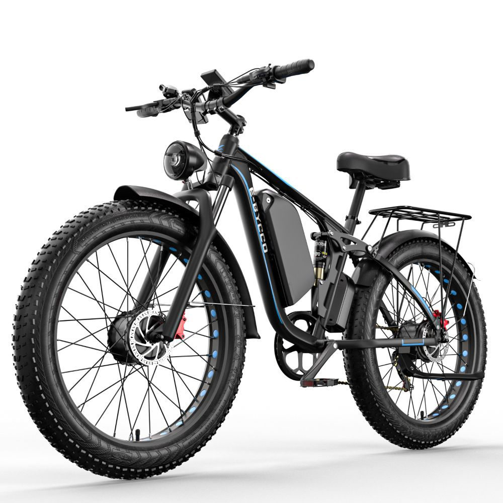 Bici elettrica fat nera con pneumatici spessi, sospensioni e portapacchi.