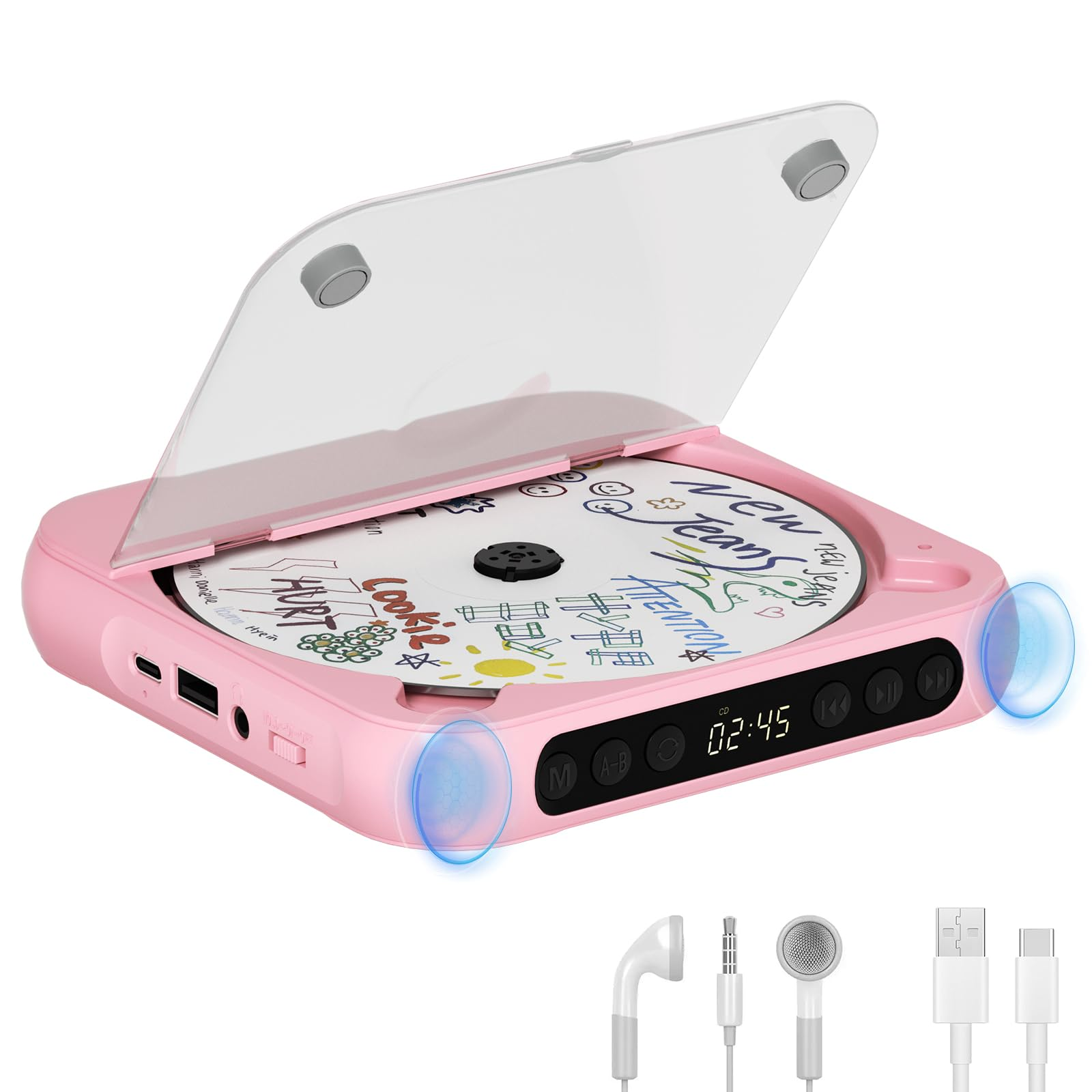 Pinker tragbarer CD-Player mit geöffnetem Deckel, zeigt eine CD mit bunten Zeichnungen. Zubehör inklusive.