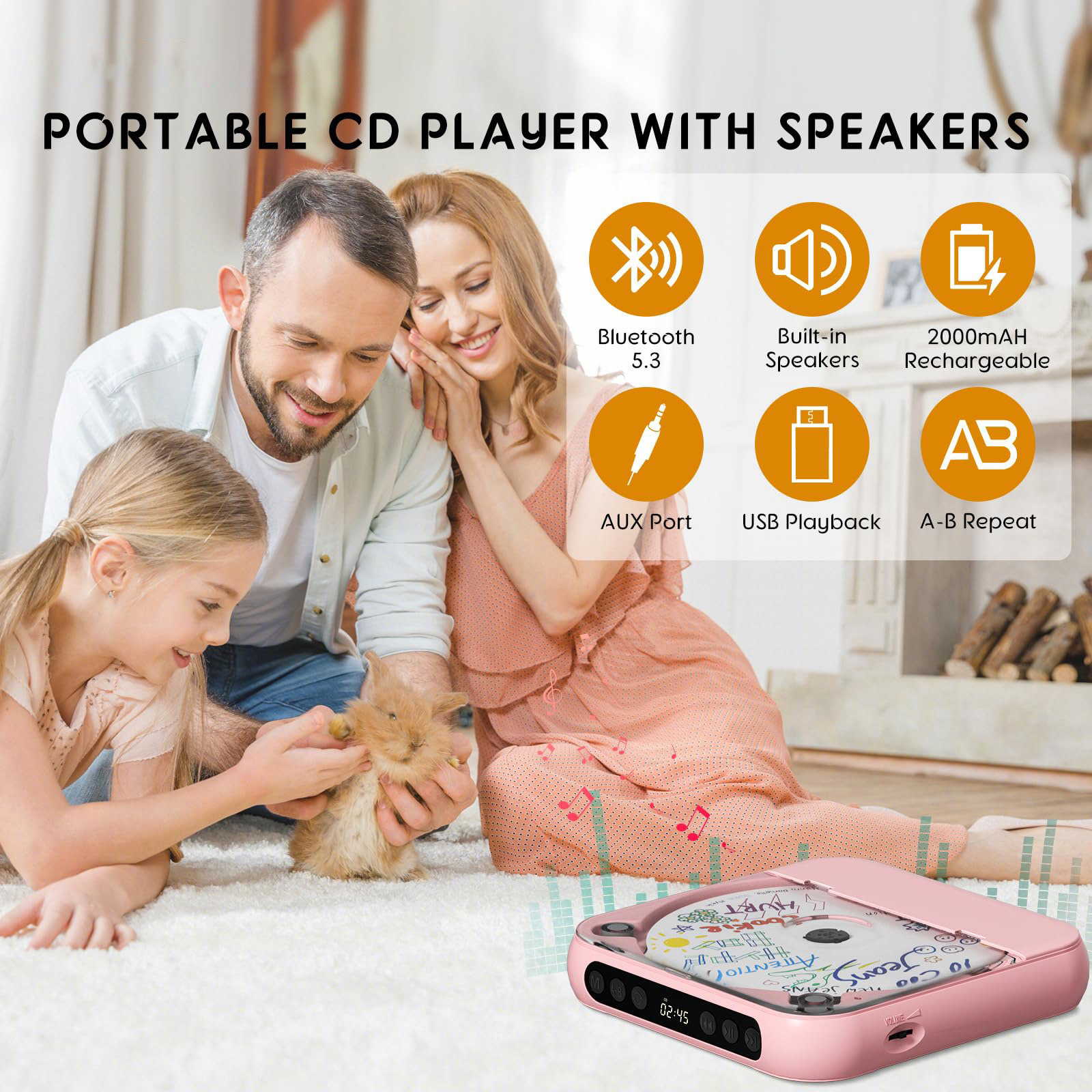 Familie spielt mit Kaninchen neben einem rosafarbenen CD-Player mit Funktionen.