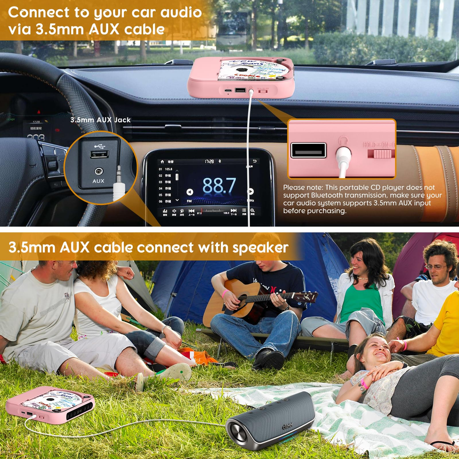 Ein rosa CD-Player ist über ein AUX-Kabel mit einem Auto verbunden. Unten spielen Leute draußen.