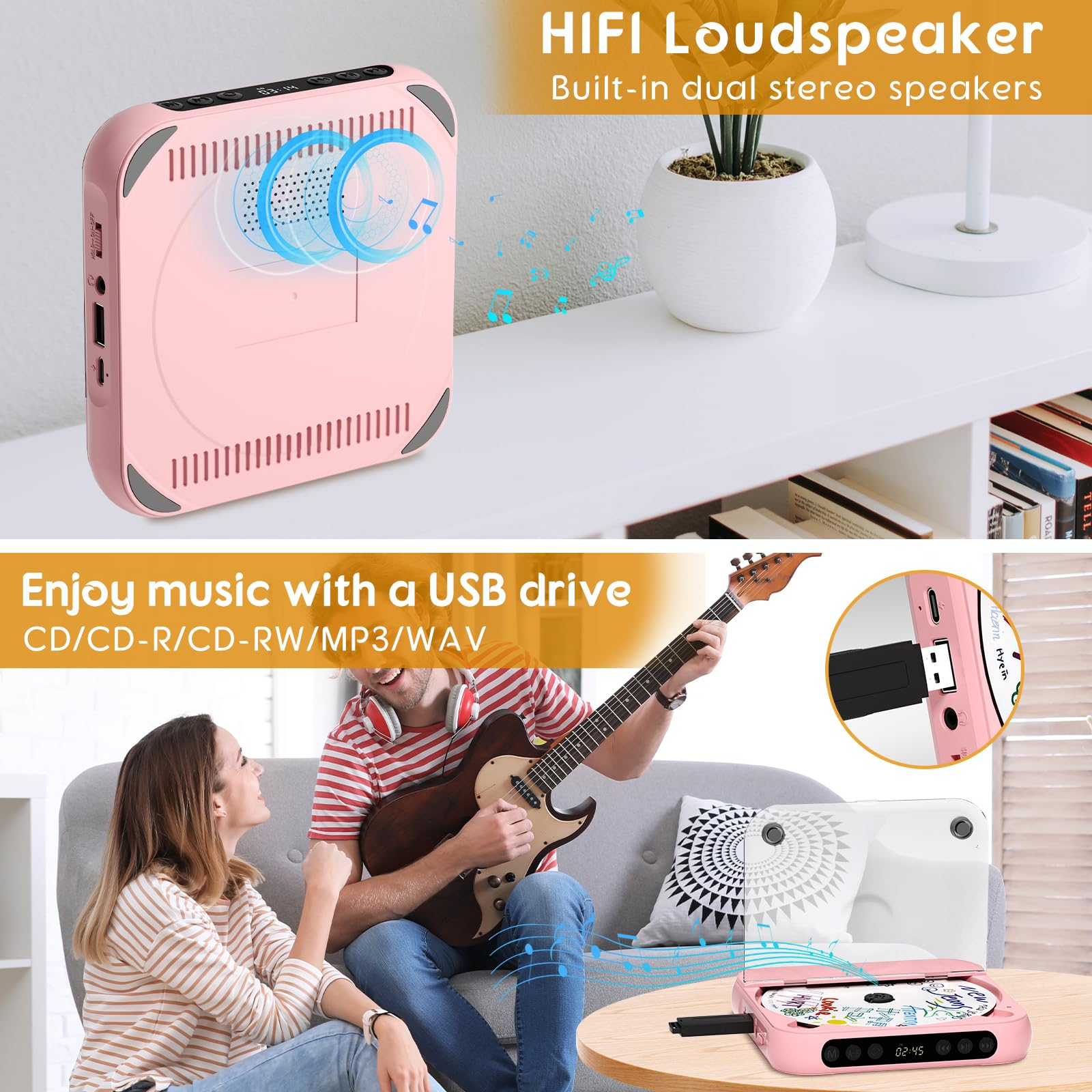 Ein rosa CD-Player mit Lautsprechern und ein Mann mit Gitarre.