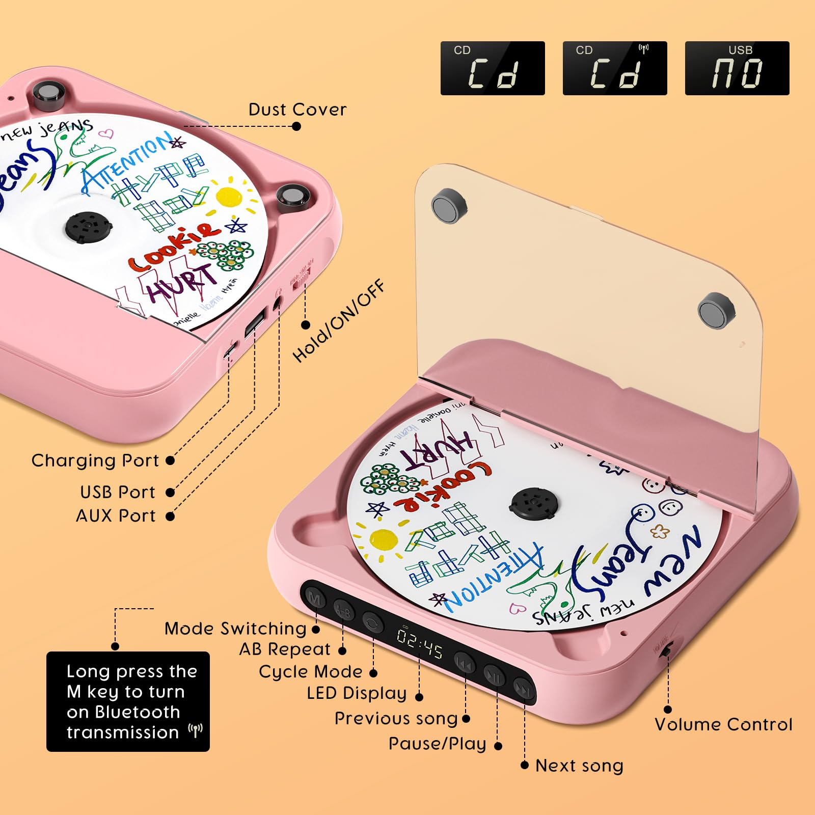 Pinker CD-Player mit offener Klappe, zeigt eine CD mit bunten Zeichnungen. Anschlüsse und Tasten beschriftet.