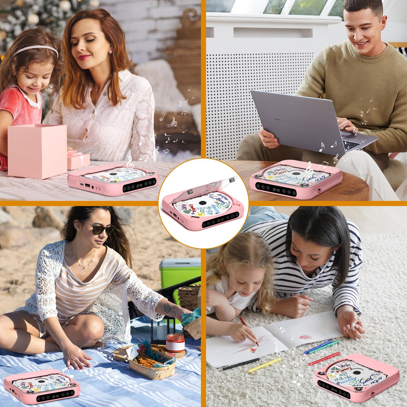 Collage zeigt Familien und einen Mann mit Laptop, alle mit rosafarbenem CD-Player.