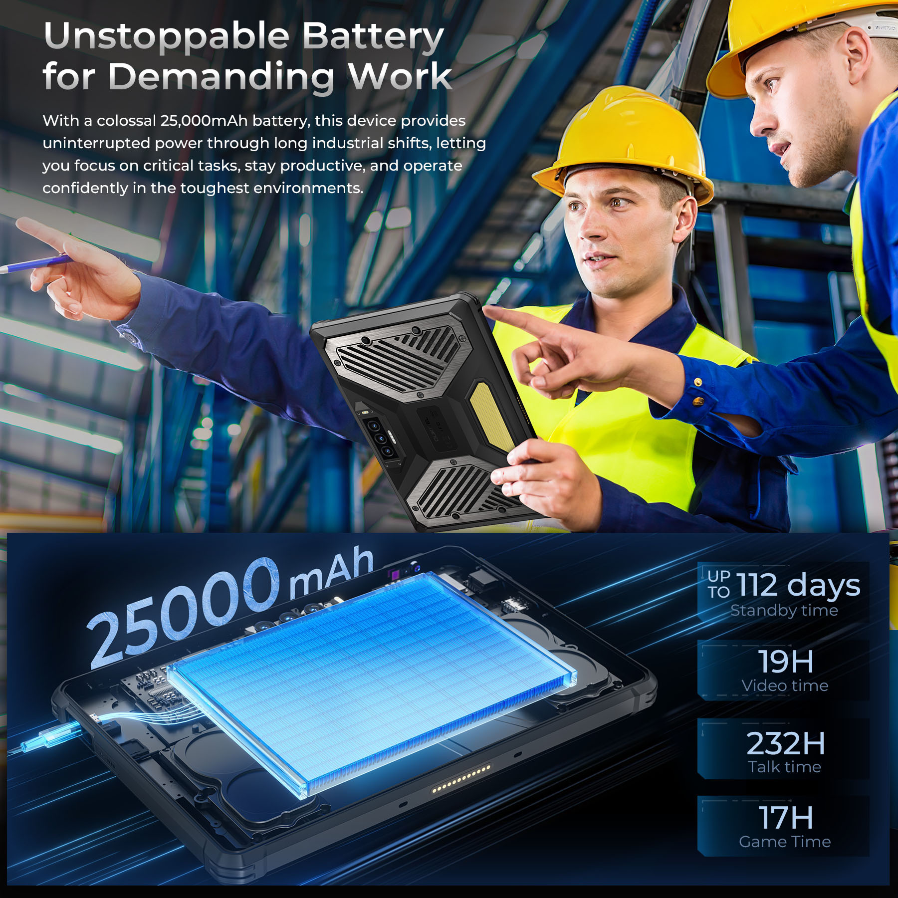 Due operai in un magazzino discutono di un tablet robusto e della sua batteria da 25000 mAh.