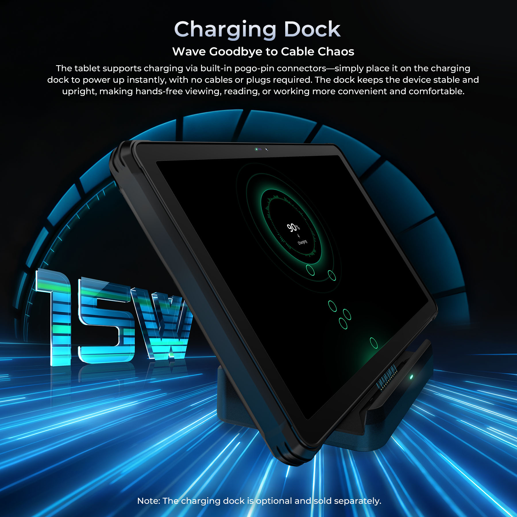 Tablet in carica su dock, 15W mostrati, 90% di carica.