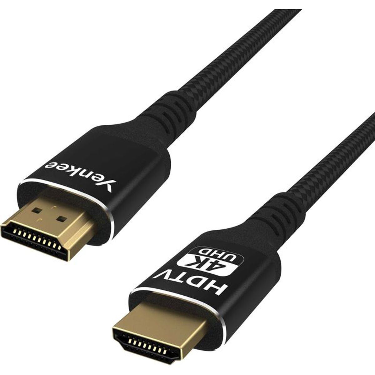 Zwei schwarze HDMI-Kabel mit goldenen Steckern, beschriftet mit Yenkee und 4K UHD.