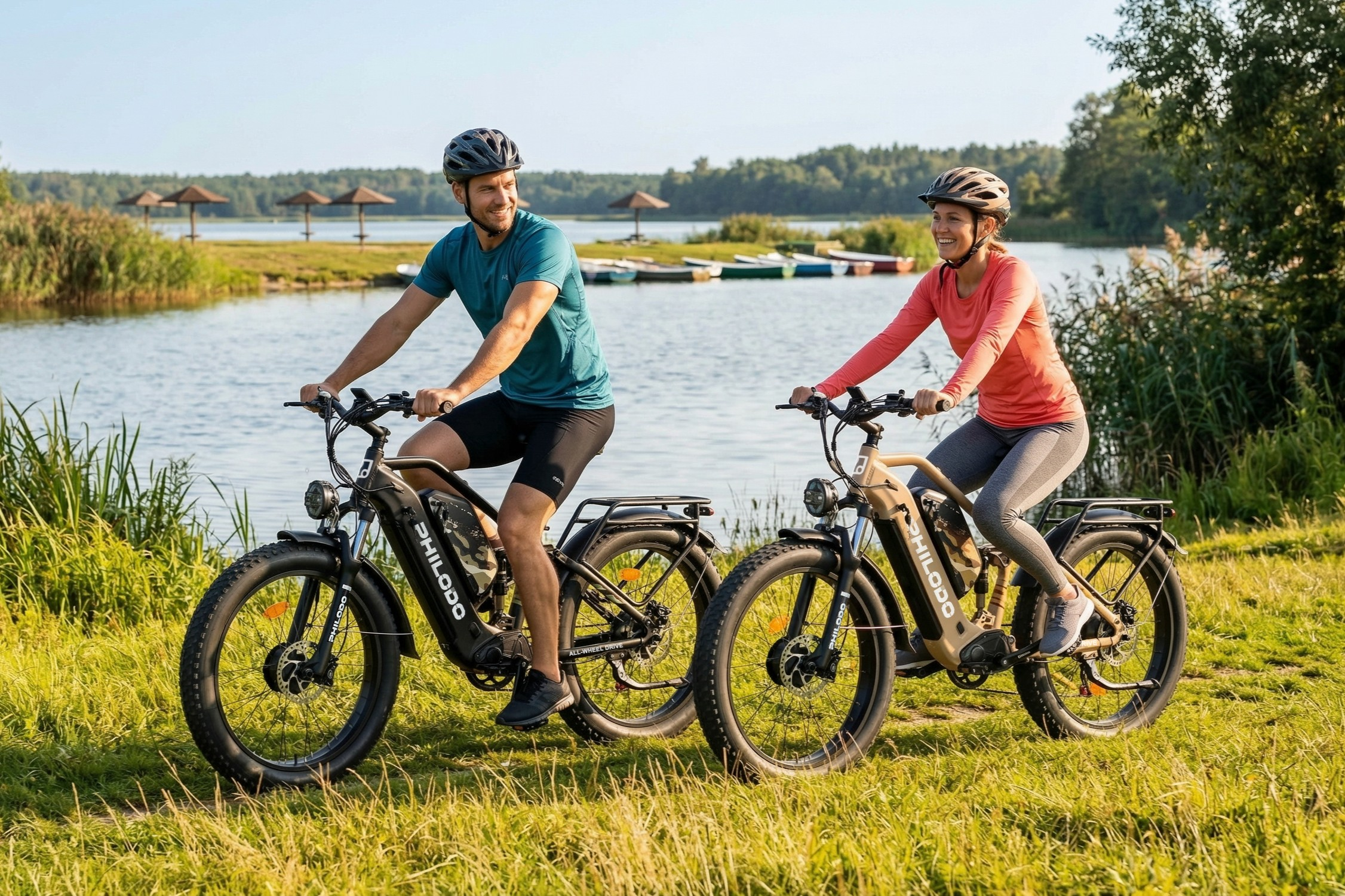Coppia in bicicletta da lago su e-bike, con alberi e barche.