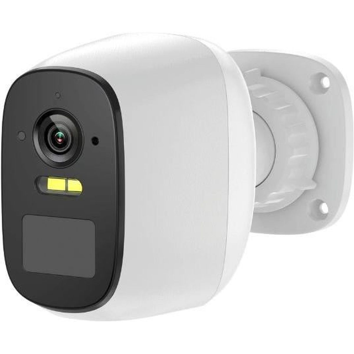 Witte beveiligingscamera met zwarte voorkant, lens en indicatielampjes.