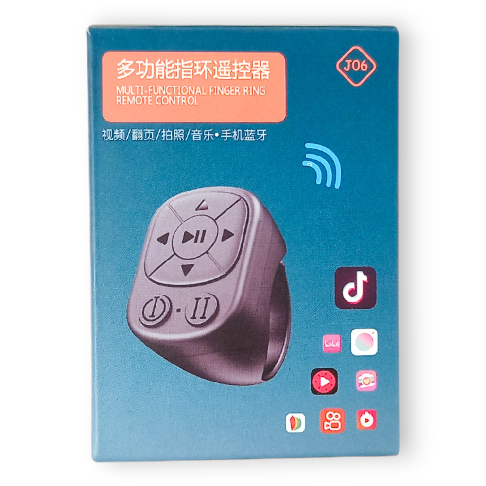Caja de un mando a distancia multifuncional en forma de anillo para dedos con botones.