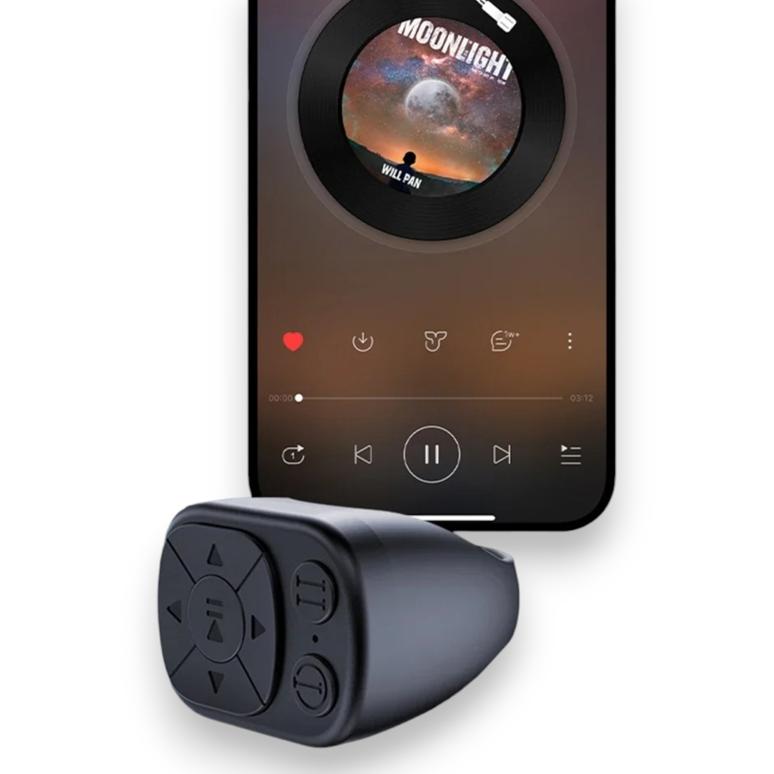 Control remoto en forma de anillo negro frente a un smartphone reproduciendo música.