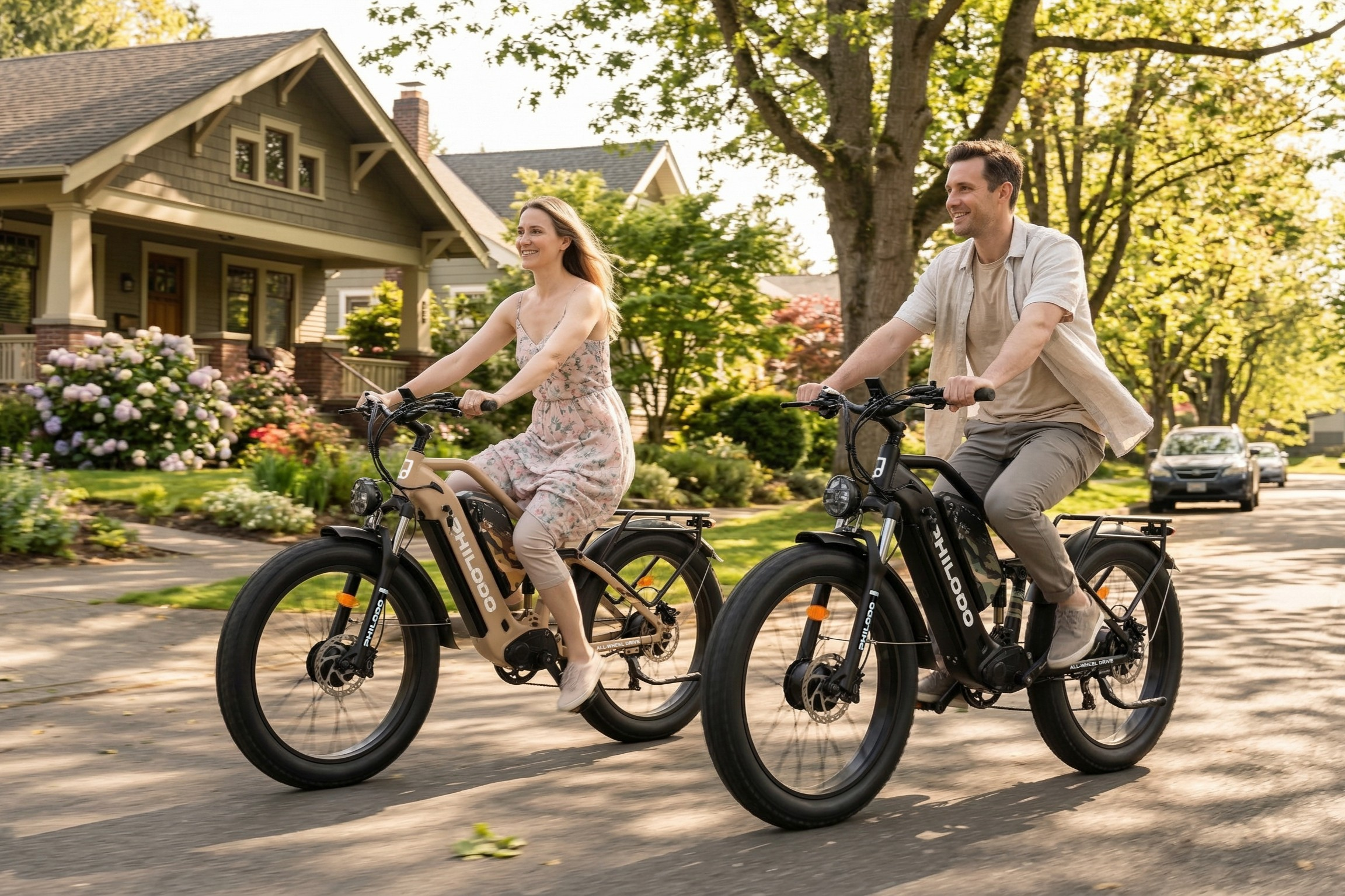 Una coppia sorridente pedala su e-bike con copertoni larghi lungo una strada di periferia con case e alberi.