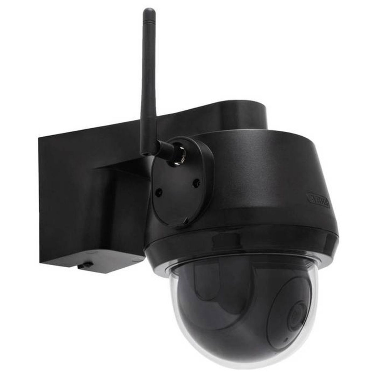 Zwarte beveiligingscamera met antenne en koepelbehuizing aan een muur gemonteerd.