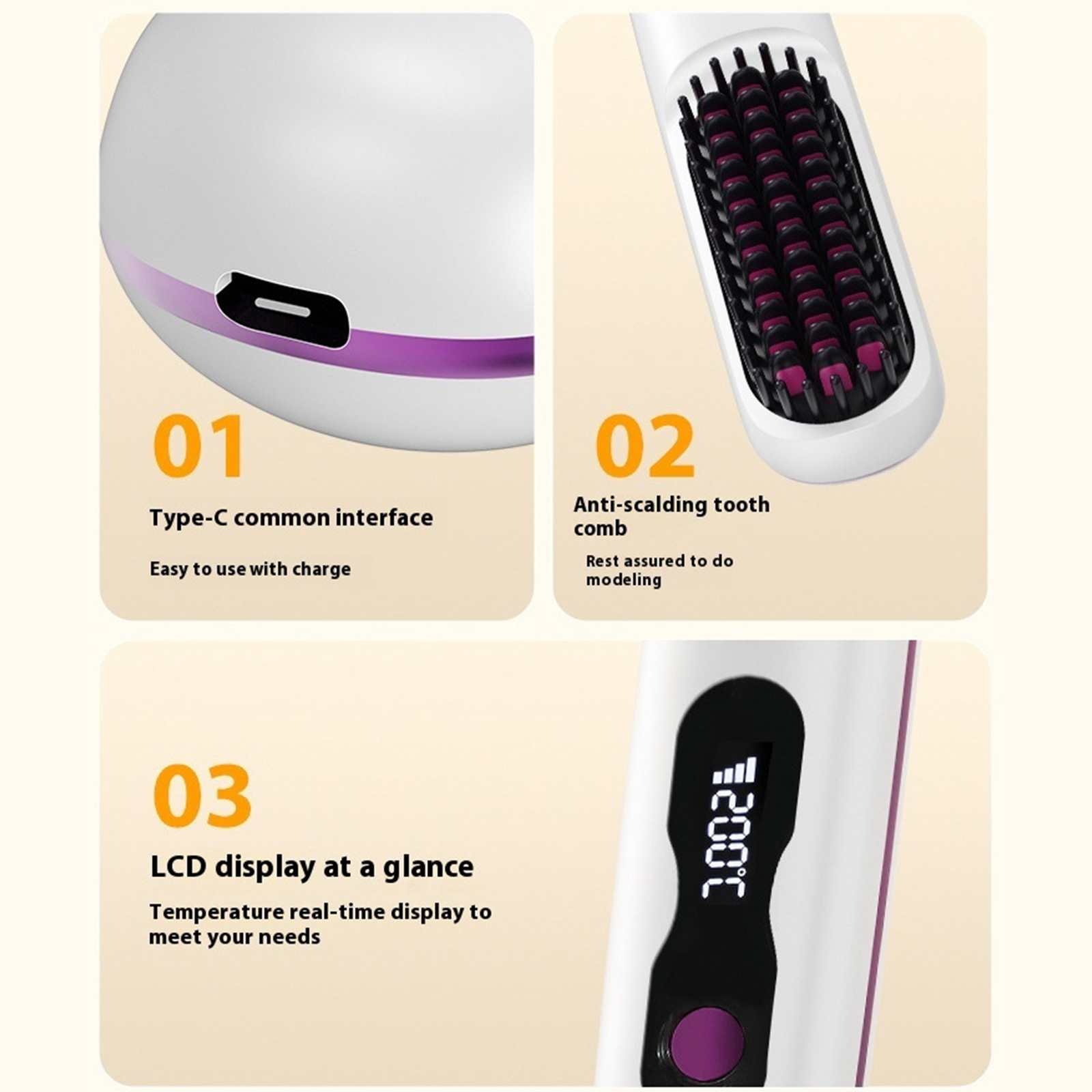 Ein weißer Haarglätter mit lila Akzenten zeigt eine Typ-C-Schnittstelle, einen Kamm und ein LCD-Display.