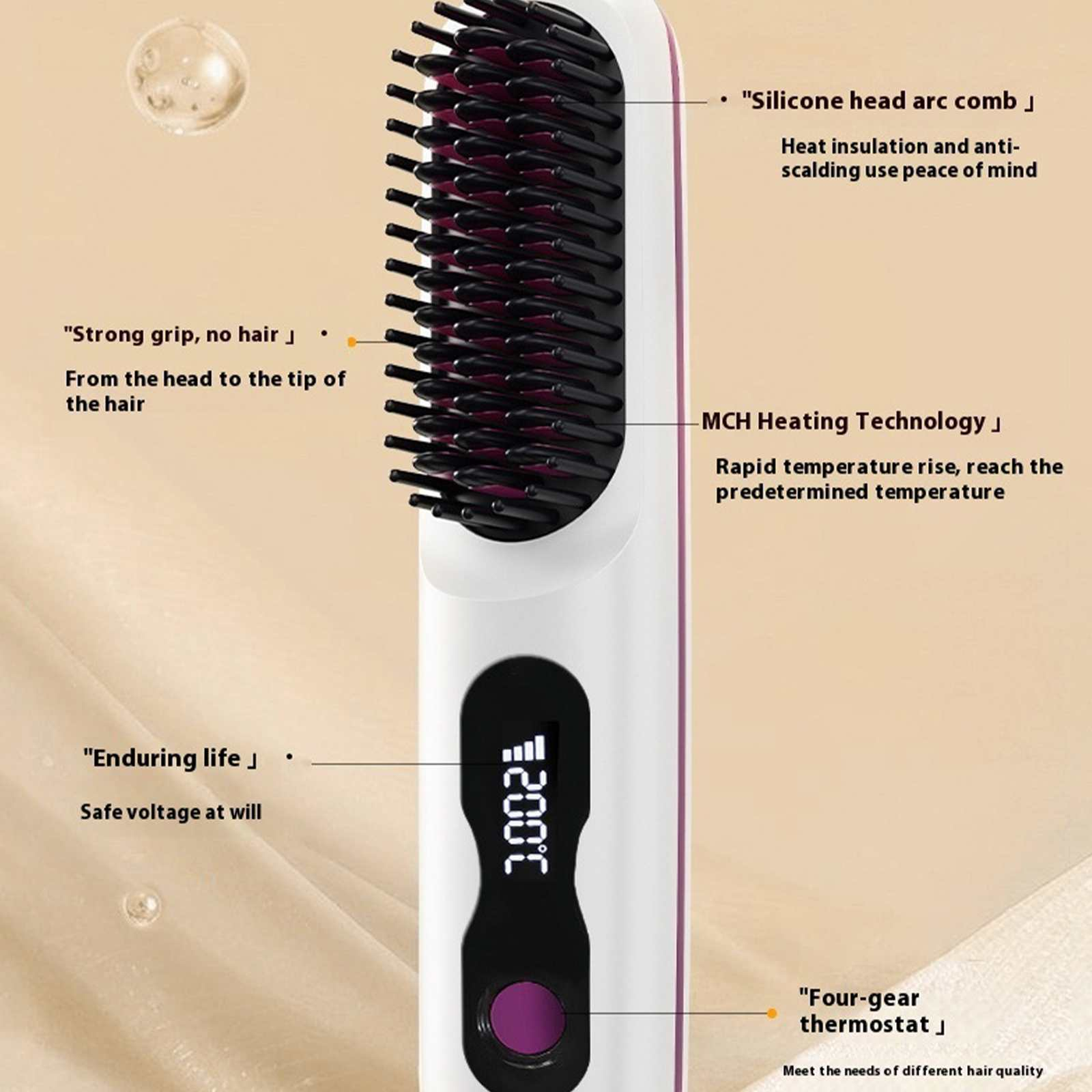 Weißer Haarglättungskamm mit Digitalanzeige (200C) und Text.