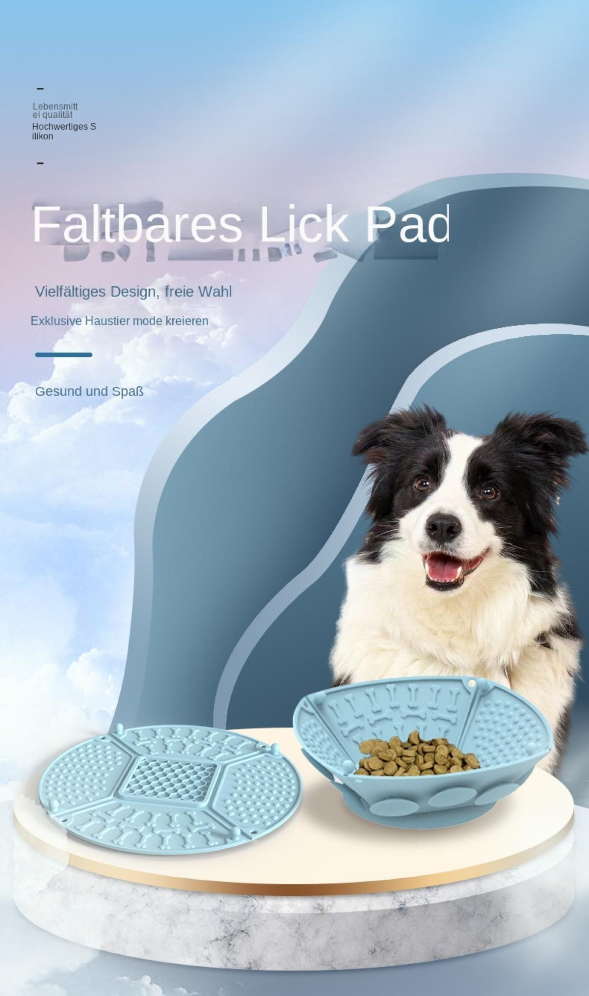Ein Border Collie sitzt neben einem blauen Lick Pad und einer Futterschale.