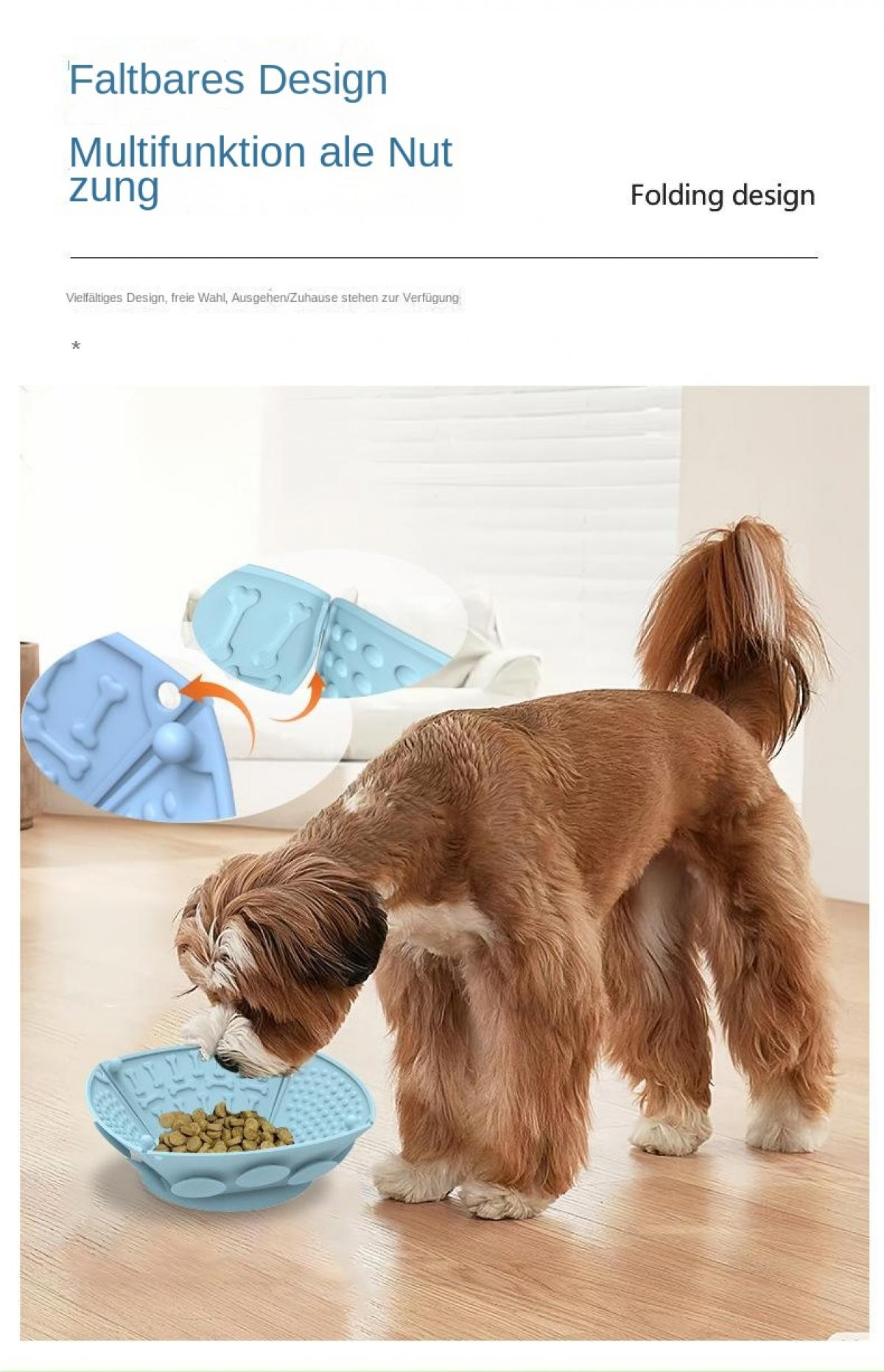 Ein Hund frisst aus einem blauen Fressnapf. Daneben ist eine Matte mit Knochenmotiv.