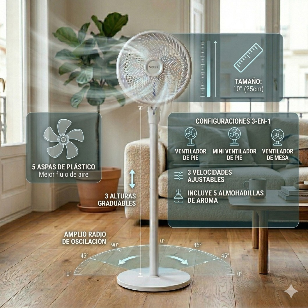 Un ventilador de pie blanco con 5 aspas, altura ajustable y oscilación.