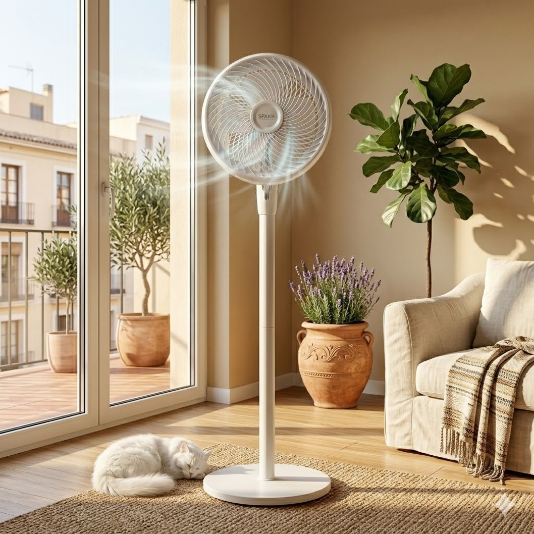 Un gato blanco duerme junto a un ventilador de pie en una sala iluminada.