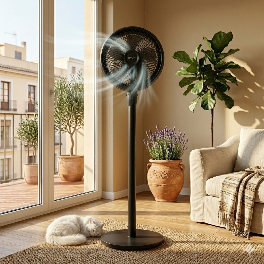 Un gato blanco duerme sobre una alfombra junto a un ventilador negro. Plantas y sofá al fondo.