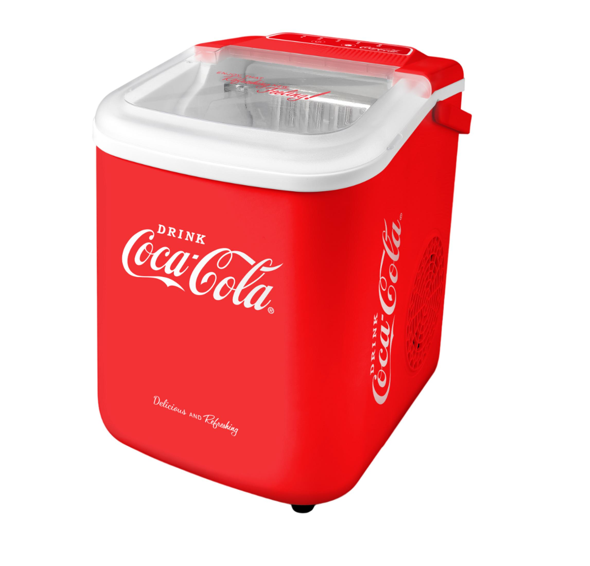 Ein roter Coca-Cola Kühlschrank mit transparentem Deckel und weißen Akzenten.