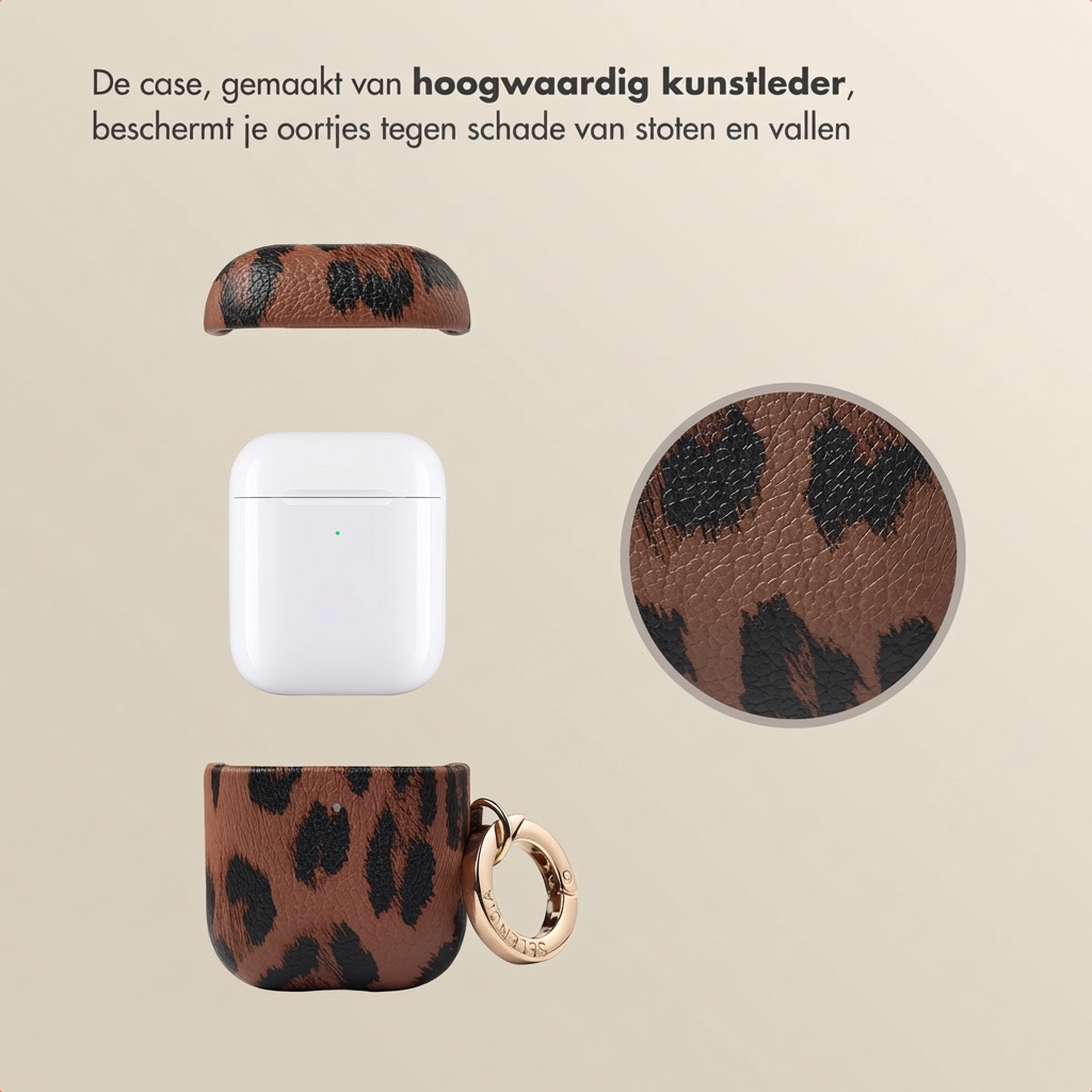 A white AirPods case with a leopard print protective cover.