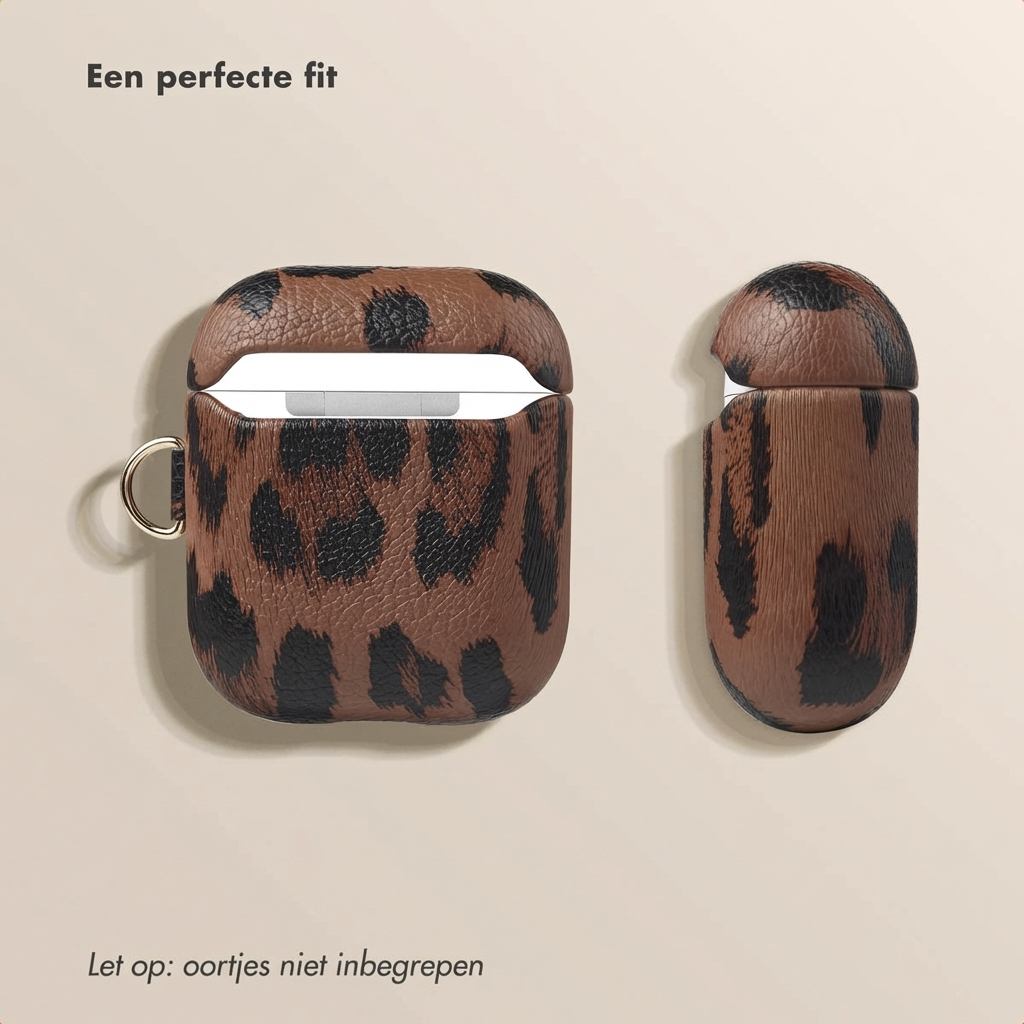 Brown leopard print AirPods case, shown open and closed.
