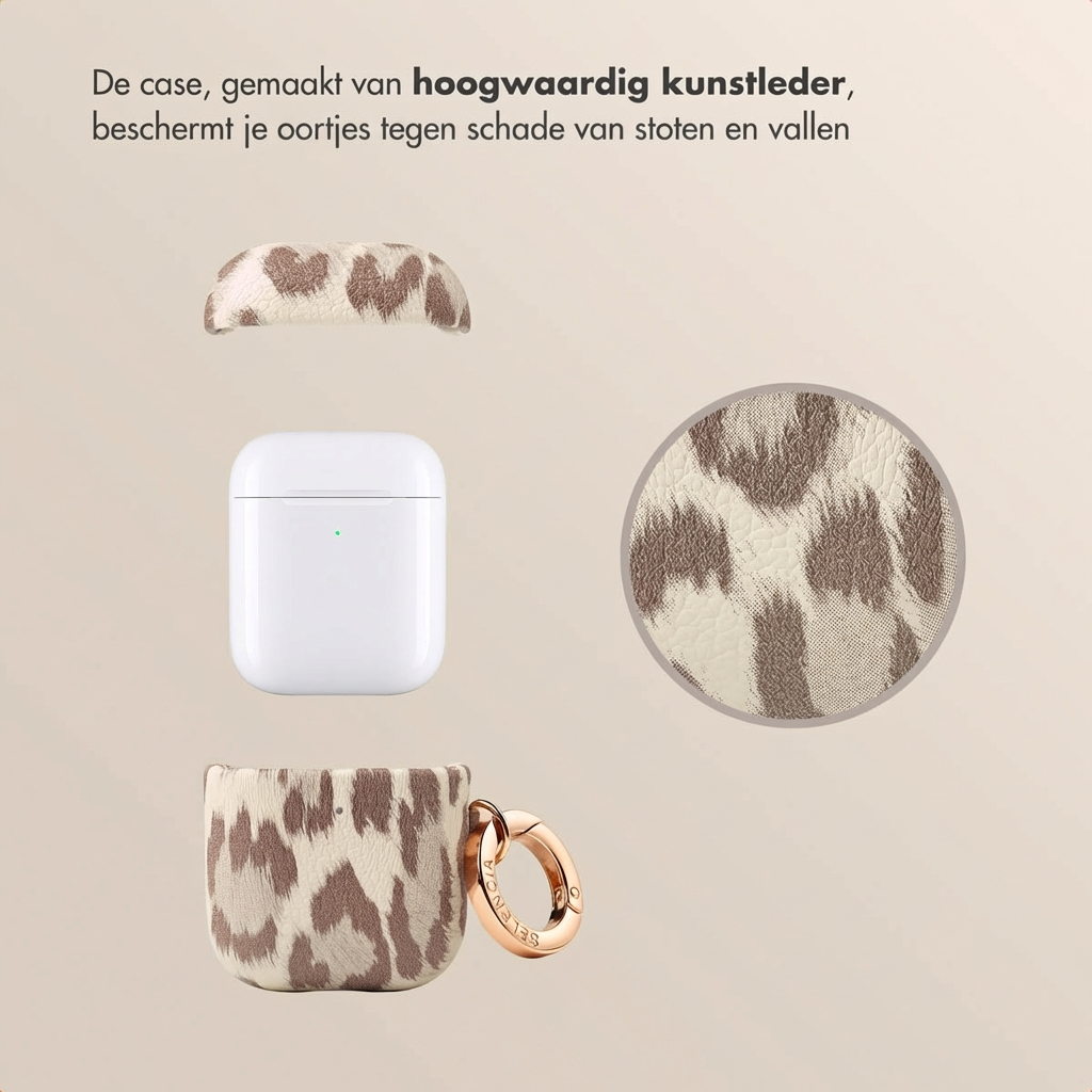 A white AirPods case with a leopard print cover and a gold ring.