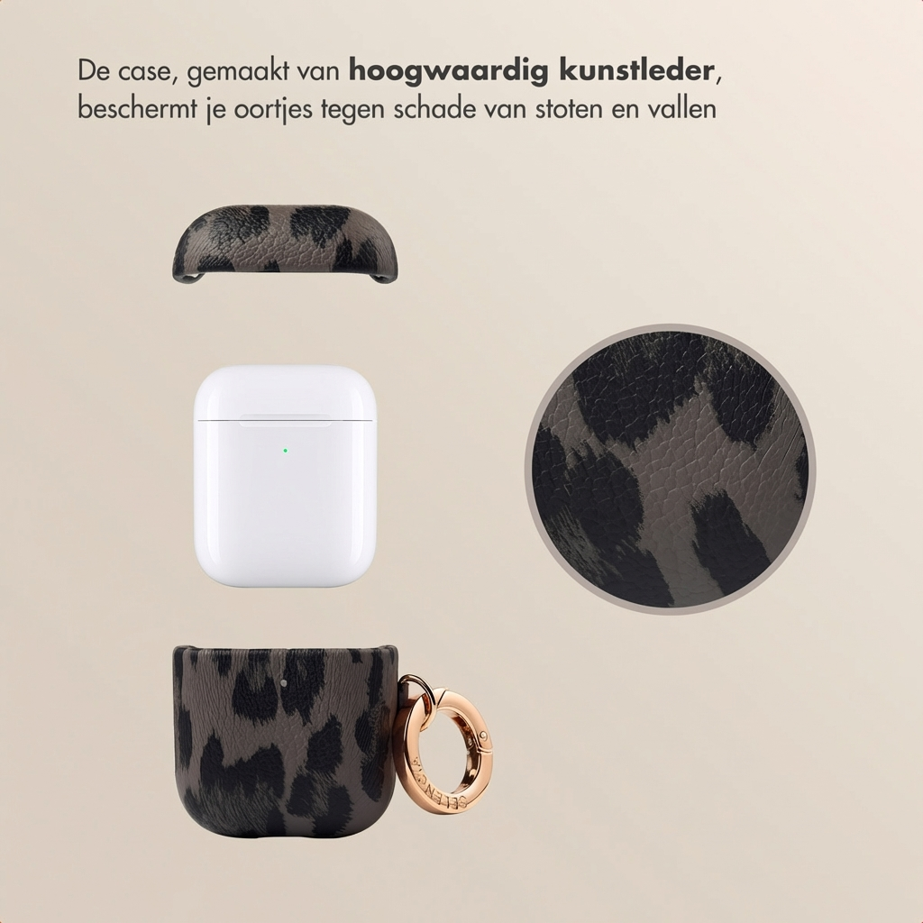 White charging case with leopard print cover and carabiner.