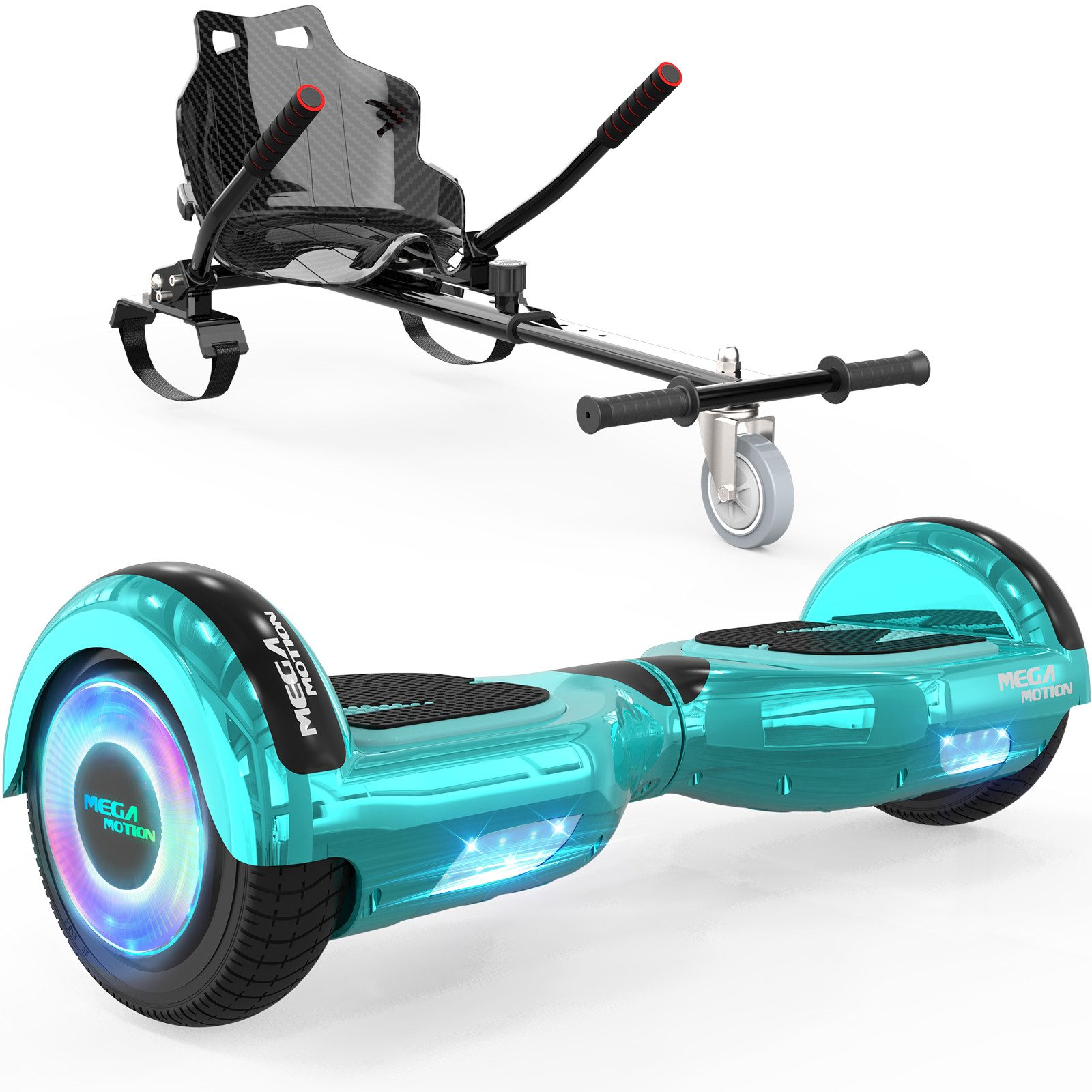 Un hoverboard verde acqua con luci a LED e un sedile hoverboard in fibra di carbonio.