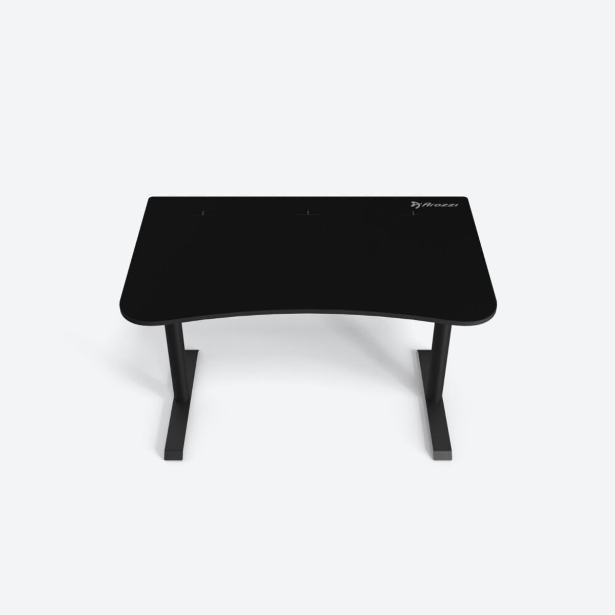 Een zwarte bureau met gebogen voorkant en strakke poten, met Arozzi logo.