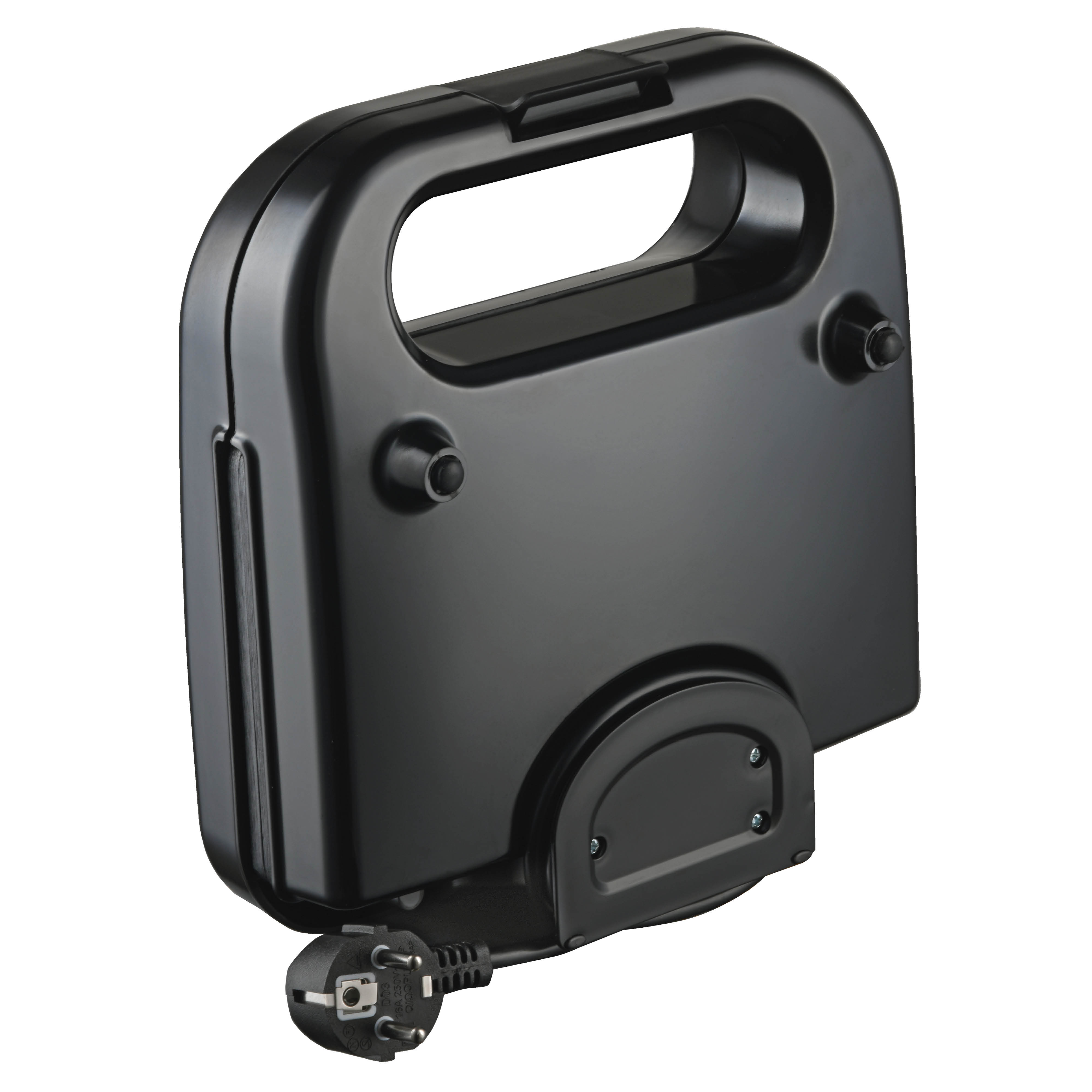 Black sandwich maker with handle and cord.