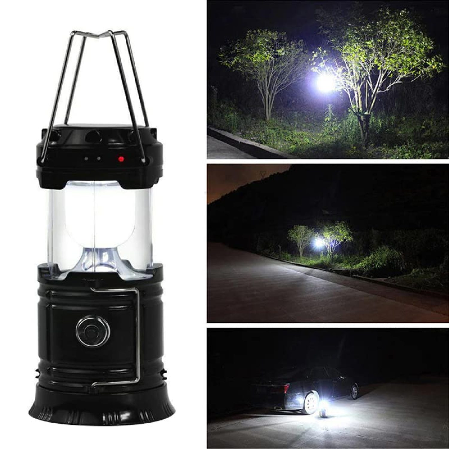 Eine schwarze Laterne leuchtet, daneben Szenen bei Nacht mit Licht.