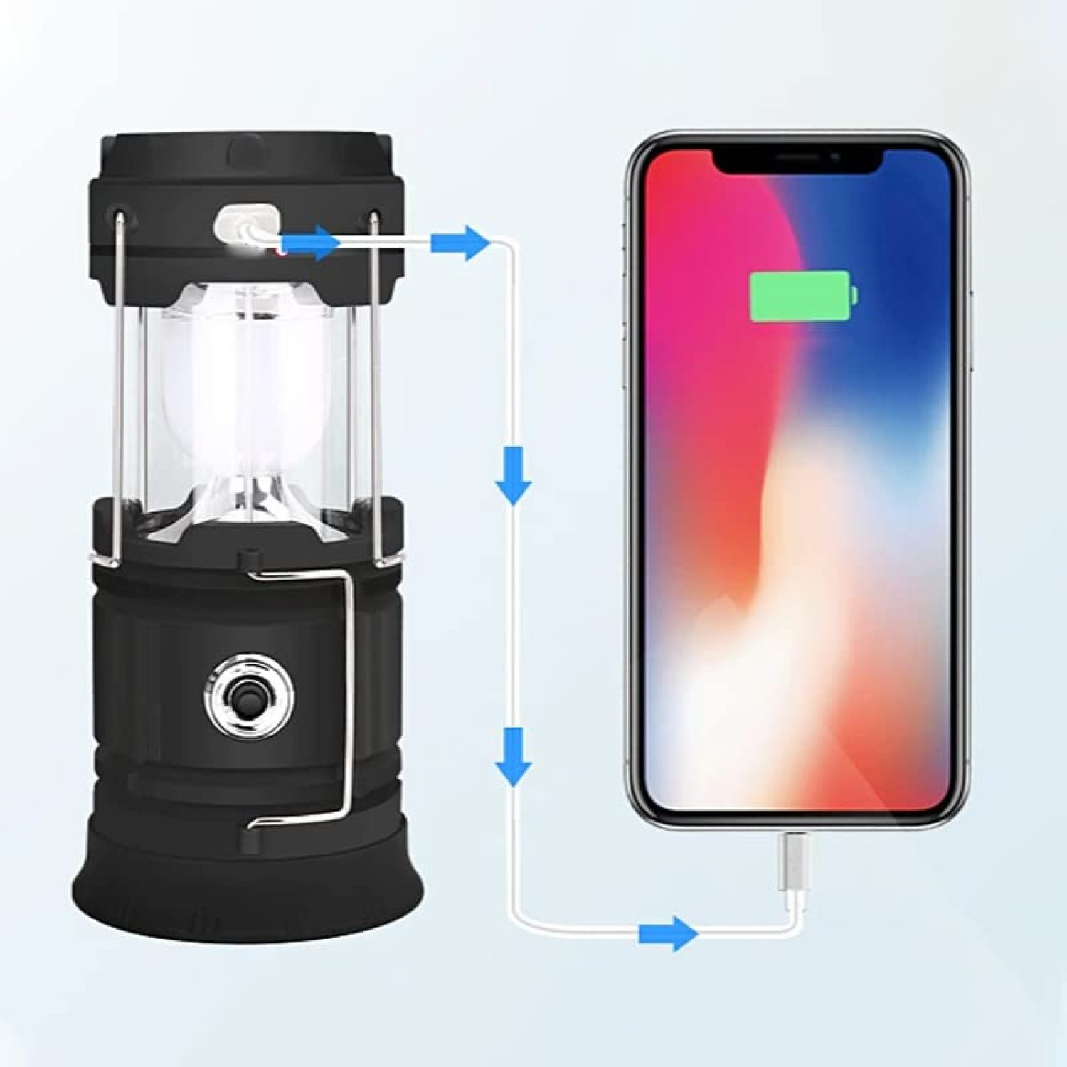 Eine schwarze Laterne ist zum Aufladen mit einem Smartphone verbunden. Blaue Pfeile zeigen den Stromfluss.