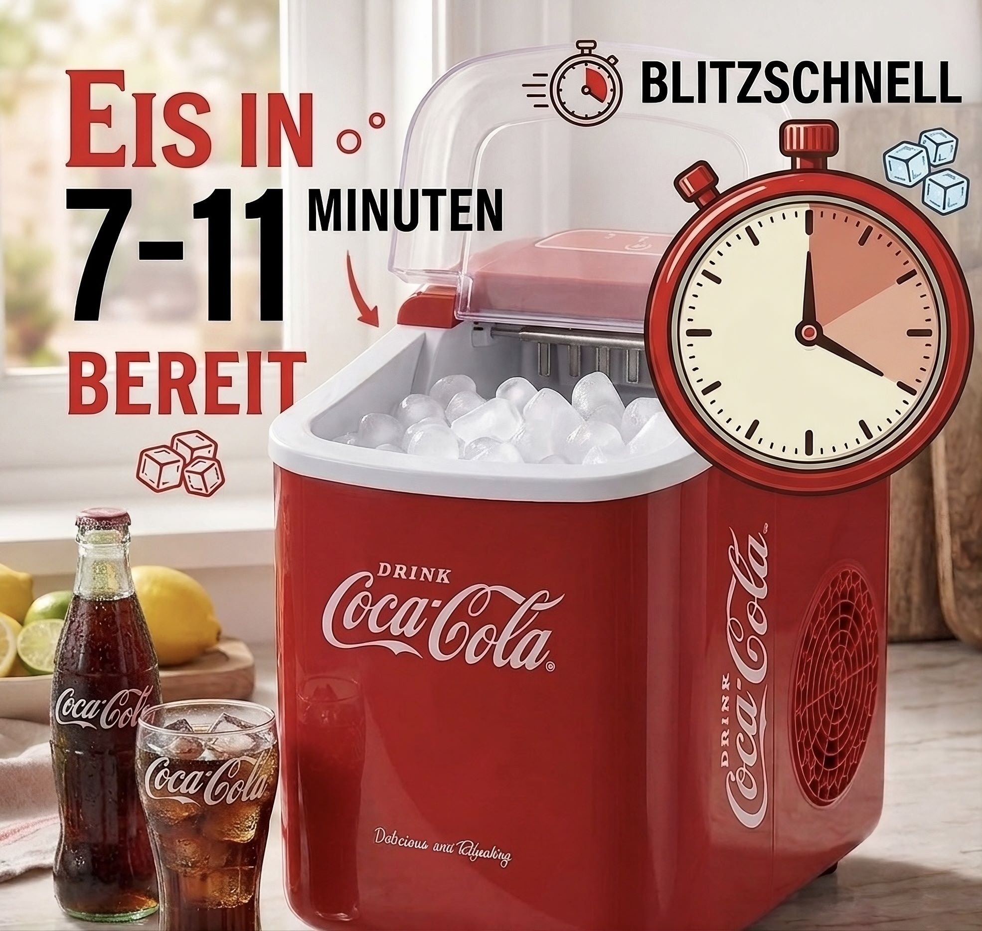 Coca-Cola Eiswürfelmaschine in 7-11 Min. bereit, mit Flasche und Glas.