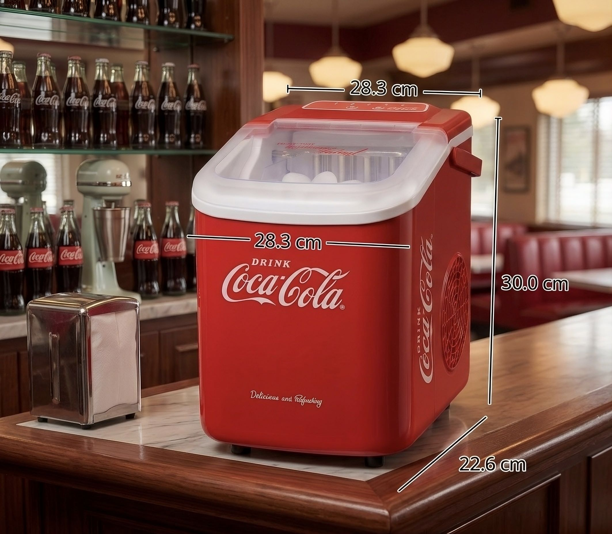 Rote Coca-Cola Eismaschine mit Eiswürfeln auf einer Theke mit Flaschen im Hintergrund.