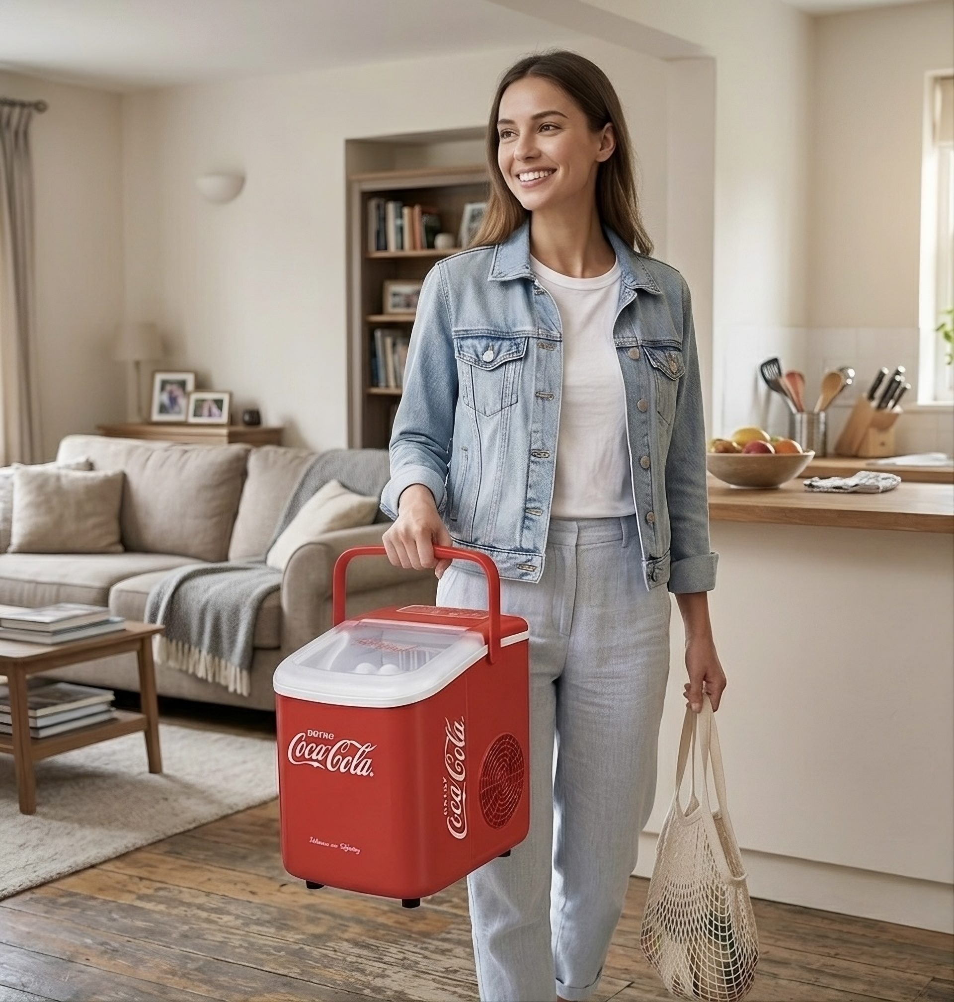 Eine Frau in Jeansjacke trägt eine rote Coca-Cola-Kühltasche. Küche im Hintergrund.