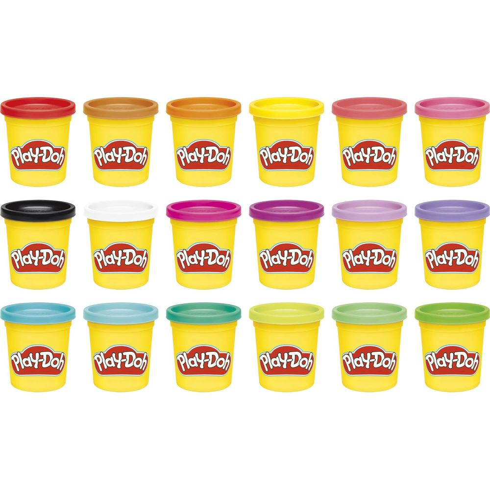 Dieciocho recipientes amarillos de Play-Doh con tapas coloridas en tres filas.