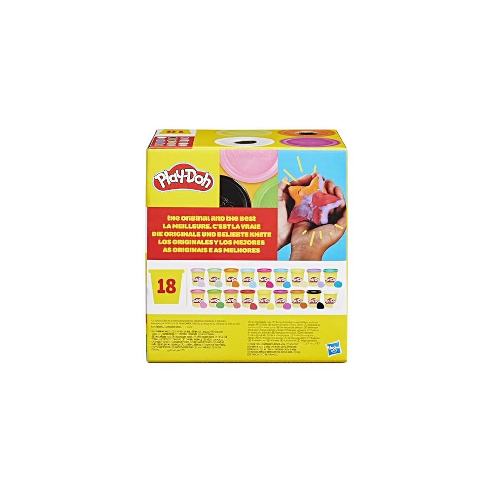 Caja de Play-Doh con 18 vasitos de masa y texto en varios idiomas.