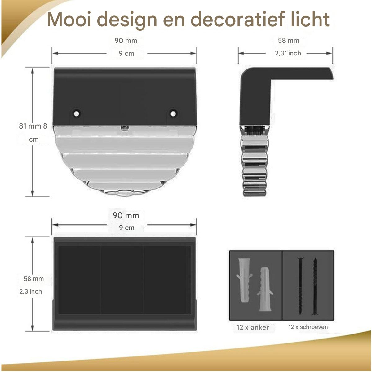 Technische Zeichnung einer Leuchte mit Maßen, Befestigungsmaterial.