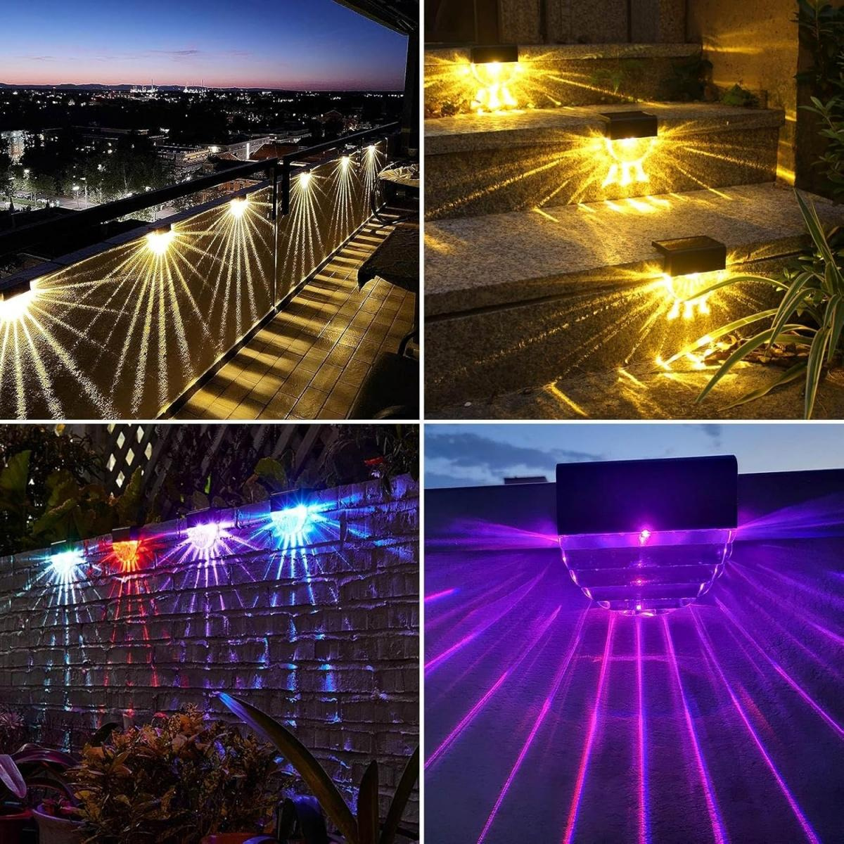 Vier Bilder zeigen Solarlichter, die nachts Muster auf Zäune, Treppen, Ziegelmauern und Decken projizieren.
