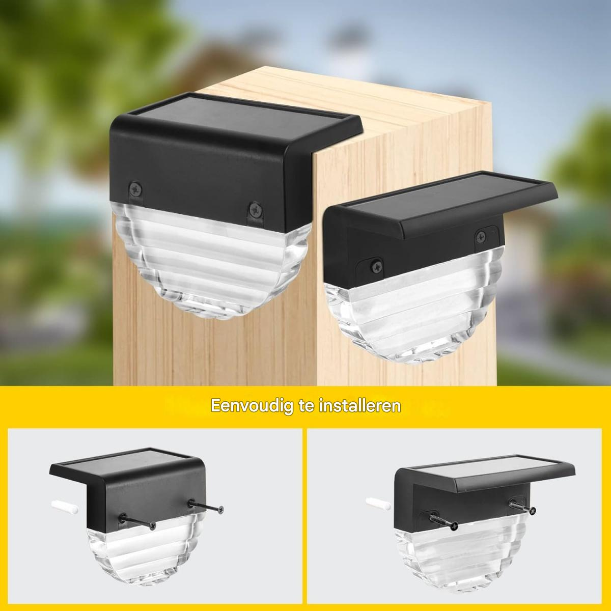 Zwei schwarze Solar-Zaunleuchten mit klaren gerippten Sockeln sind an einem Holzpfosten befestigt.